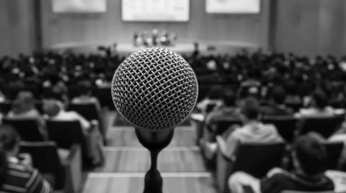 close-up image of a microphone in front of an audience